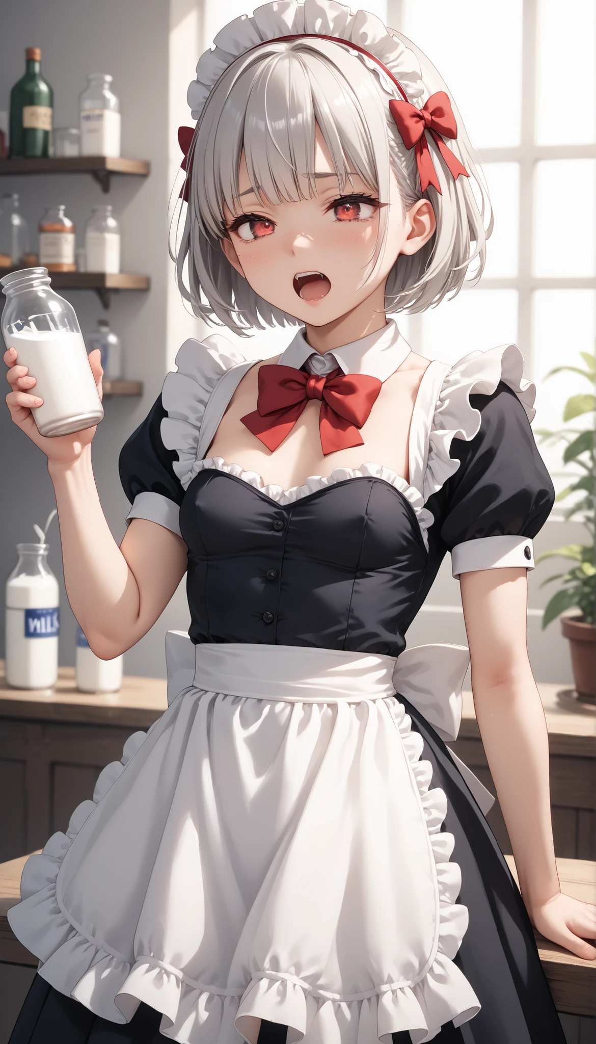 (((White background))) 1 girl, A silver-haired girl (Short hair), rathing_explicit , sexy, ,score_9, score_8_up, score_7_up, (detailed anatomical features, anime style:1.2), (best quality,4k,8k,highres,masterpiece:1.2),ultra-detailed, soft colors, glowing skin, anime, anime style, maid, red bow, red eye (maid costume), seductive ,, ((small breasts)) , weak , , (((very thin:1.2))) (Flat chest:0.4) gaunt (Drink milk from a bottle:1.4) small muscle ,(strong) (Screaming)