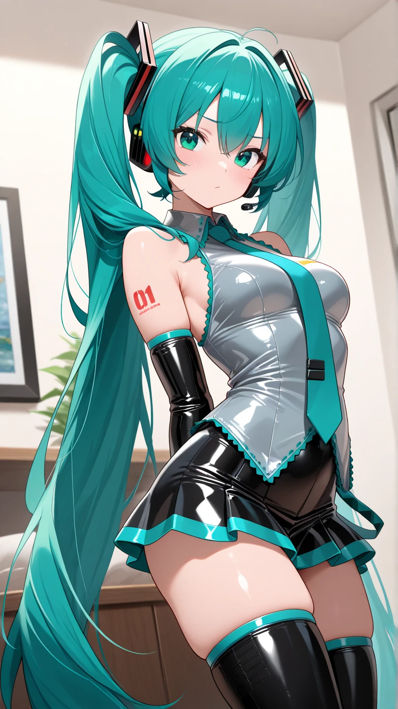 Highquality image of Hatsune Miku, Twin Tail, light Blue Eye, light Blue Hair, Race Queen, Motorsports, big chest, high-leg leotard, She wears a mini-skirt on top, black tights, high-heeles, cute costume