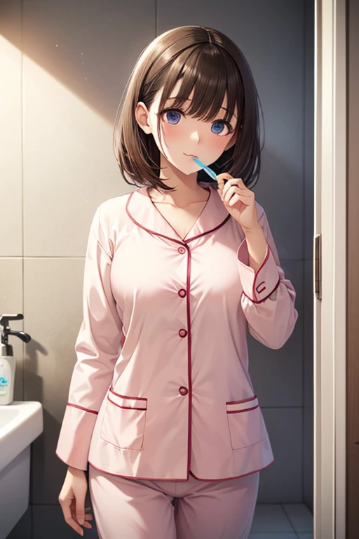 1girl, standing in front of a bathroom mirror, brushing teeth, sleepy expression, messy hair, pink pajamas, early morning light, sleepy eyes with slightly closed lids, soft and natural smile, toothpaste foam on the toothbrush, mirror reflection, bathroom setting, cozy atmosphere, soft shadows, anime style, detailed face, focus on eyes, warm light, natural morning glow, light pink color palette, detailed background
