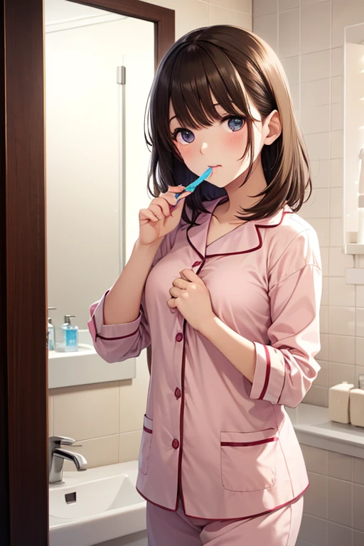 score_9,score_8_up,score_7_up,masterpiece,best quality, source anime, realistic, super detailed, extreme detailed, rating_safe,
1girl, brushing teeth, toothbrush, (from below:0.8),
BREAK girl, 22yo, short hair, bob cut, (blunt bangs), black hair, (tareme, detailed cute brown eyes), curled eyelashes, (large breasts:0.9),
shiny hair, beautiful detailed eyes, beautiful face,
pajamas,
sleepy, half-closed eyes, bathroom, mirror, morning,