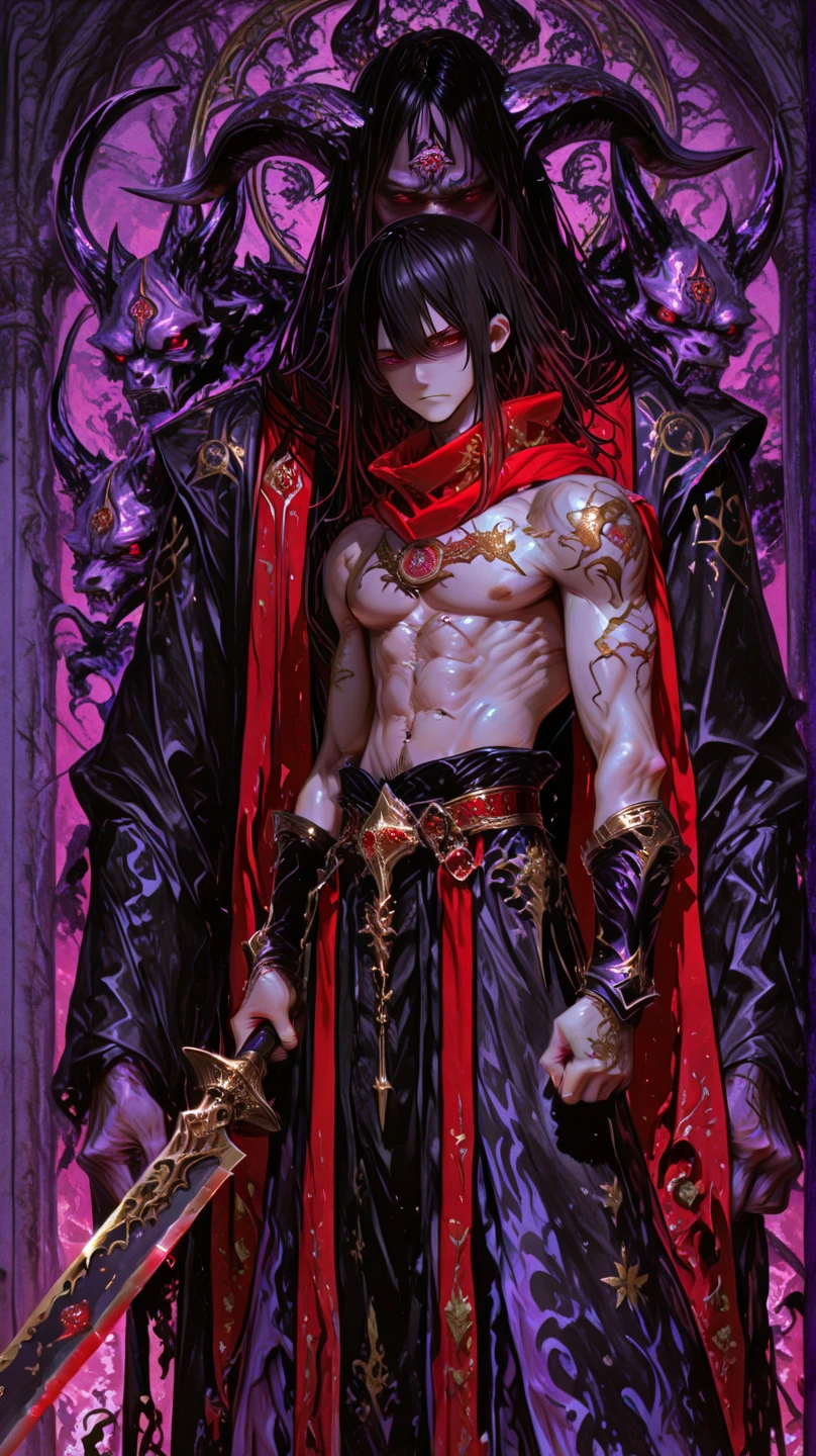 A boy with long black hair, purple eyes, a large coffin tied around his back, and a bandage to restrain his curse. --auto --s2