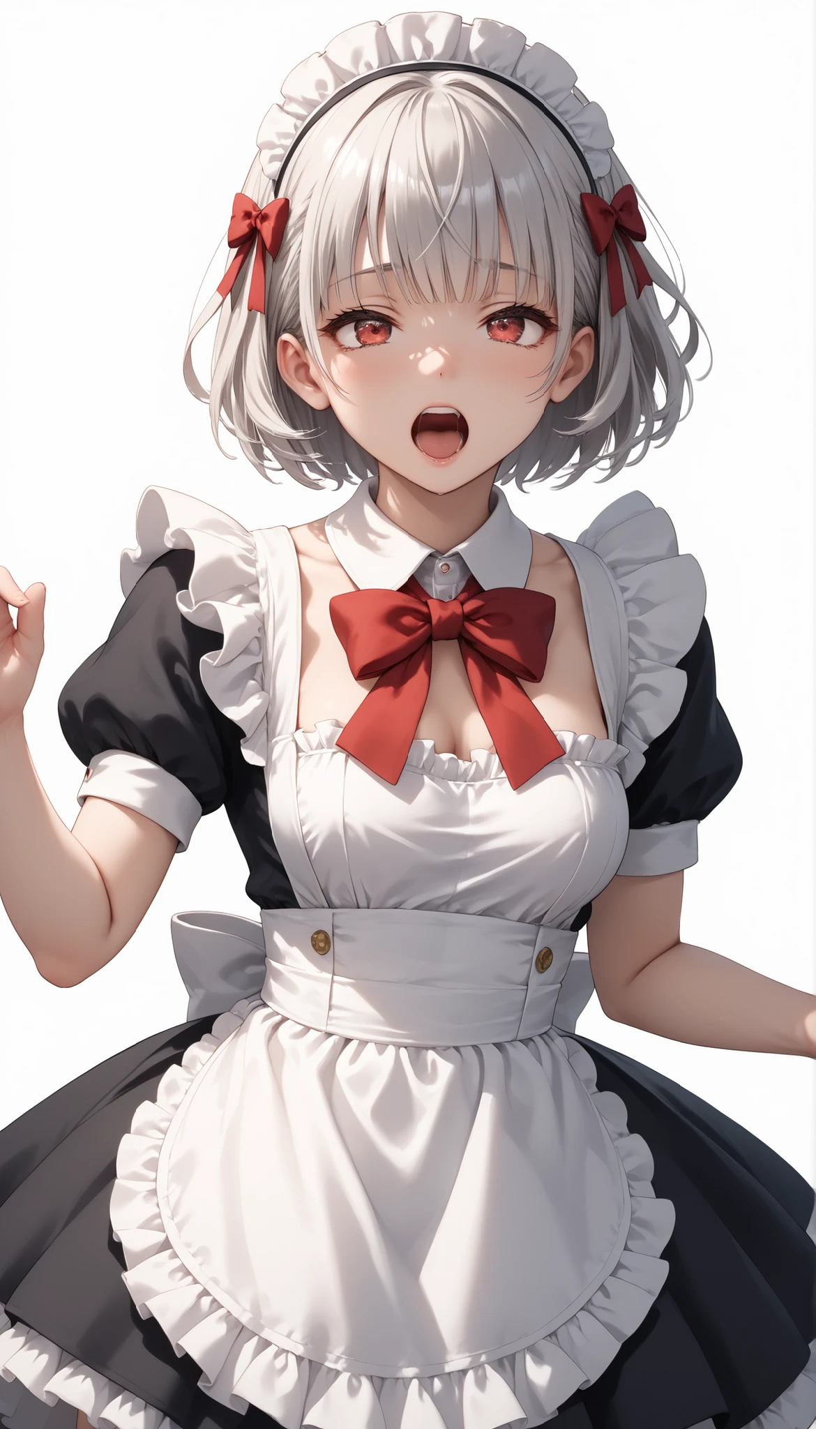 (((White background))) 1 girl, A silver-haired girl (Short hair), rathing_explicit , sexy, ,score_9, score_8_up, score_7_up, (detailed anatomical features, anime style:1.2), (best quality,4k,8k,highres,masterpiece:1.2),ultra-detailed,  soft colors, glowing skin, anime, anime style, maid, red bow, red eye (maid costume), seductive ,, ((breasts:0.6)) , , ((thin:1.2)))  (muscle:0.9) ,strong  (Screaming)