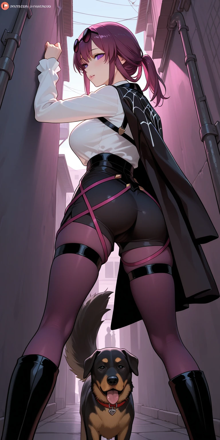 1boy, sharp wolf ears, fluffy wolf tail, black hair, black hoodie, booty shorts, golden eyes, black thigh highs, masterpiece, good quality, butt facing the viewer, looking behind, smug, slightly nsfw