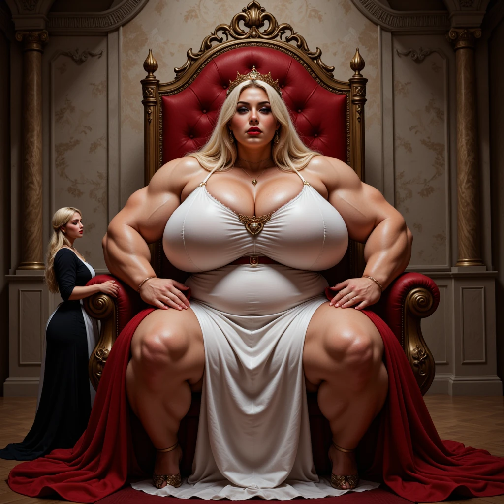masterpiece, best quality ,A woman naked, muscular, female, blonde, curly hair, long hair, thin waist, big titis, strong abs, Court room, hands down, chain up, chain in hands, she is angry, a
crowd looking at her