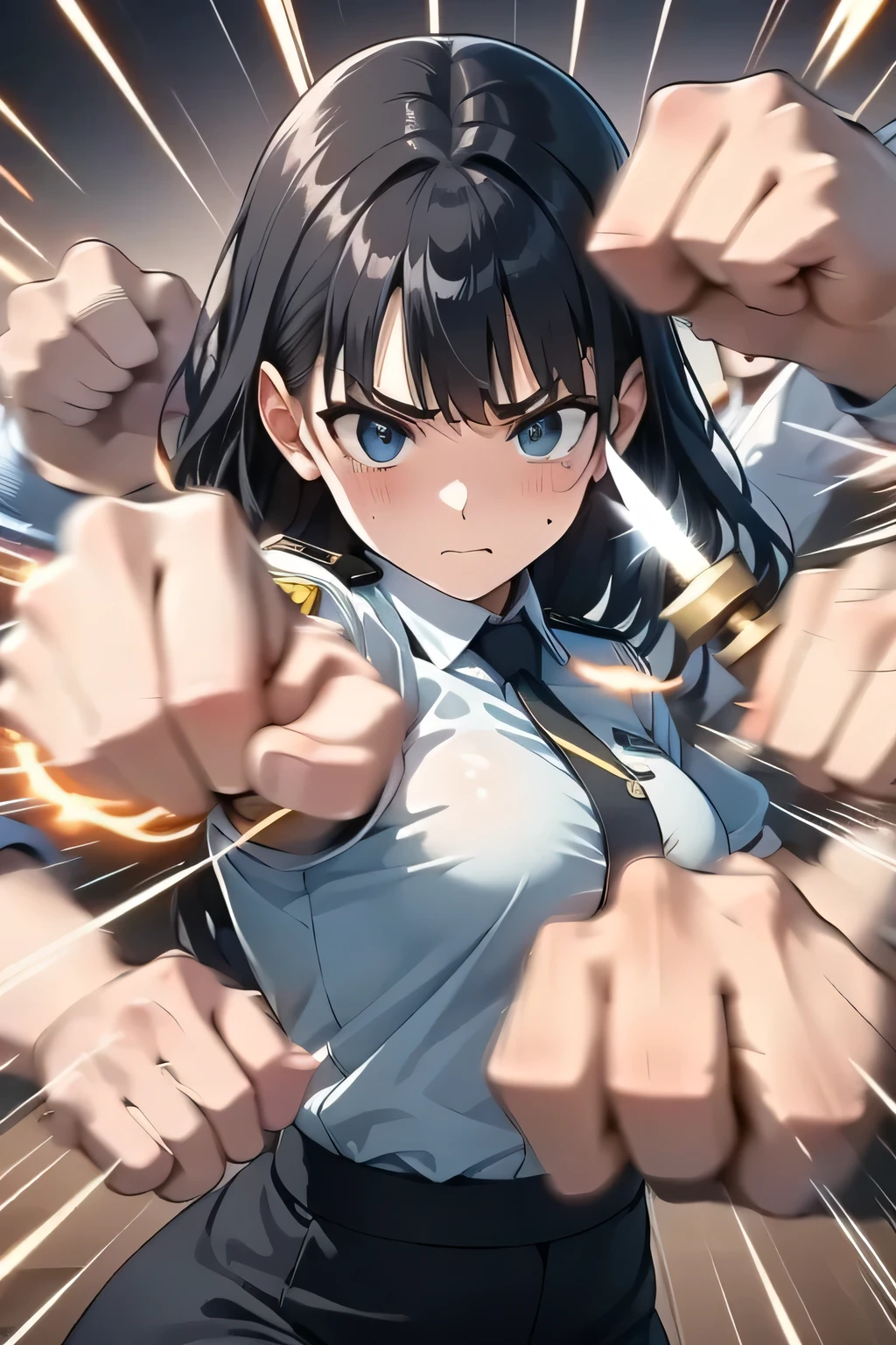 ( manga 、anime)、Woman punches a molester、Molester of an ugly man、on the train、policewoman、policewomanの帽子、Take a picture with your smartphone、punches a man in the face、(knife)、 point the knife at the woman 、 the viewer holds the knife 、 clothes can be torn、(rushpunch,
punching,
clenched hands,
too much,
multiple hands,
extra arms,
aura,
foreshortening,
incoming attack,
motion lines,
speed lines,
afterimage,
motion_blur,
energy,
glowing,
fists,)