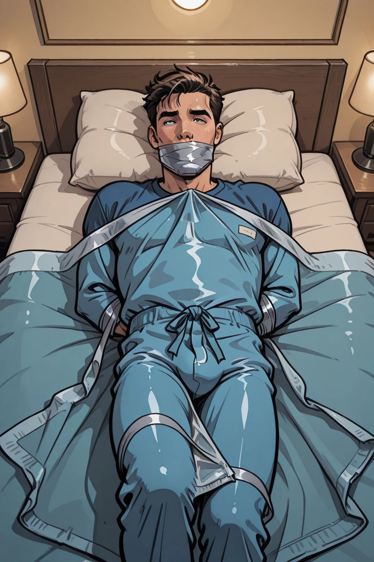 Top view，1人，A 20-year-old man in the ward，patient，Lying position，Lying on a hospital bed，Facial hair，White sleeveless shirt，He had a white bandage wrapped around his head，He was wrapped in a white bandage，leg apart，White thong，Slender figure，Handsome，full bodyesbian，Exposing thighs，Expose calves，Thick leg hair，Large bulge at the crotch，Light blue striped sheets，In a white gloomy ward，gentlesoftlighting，tmasterpiece，best qualtiy，8K  UHD，digital SLR camera，filmgrain，Fujifilm XT3 Realistic painting art，Written by Midjourney and Greg Rutkowski