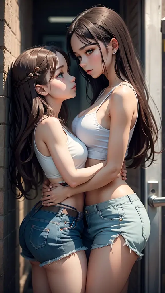 2 girls, 18 years of age, one pinned against a wall with her arms above her, the othe holding her hands around her waist, both looking deeply into each other eyes, seductive looking,