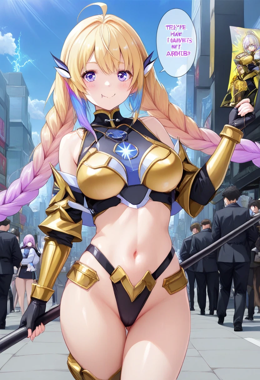 best quality, official art, masterpiece, textile shading, HDR, very detailed, colorful, best details, fantasy, battle suit,1 female, 25 years old, A castle town with an old castle view, sunny,choppy hair, big breast, skinny,Surrounded by a large crowd:1.9、Confetti flutters、Blessed、Being welcomed、cameltoe:1.3, looking back,