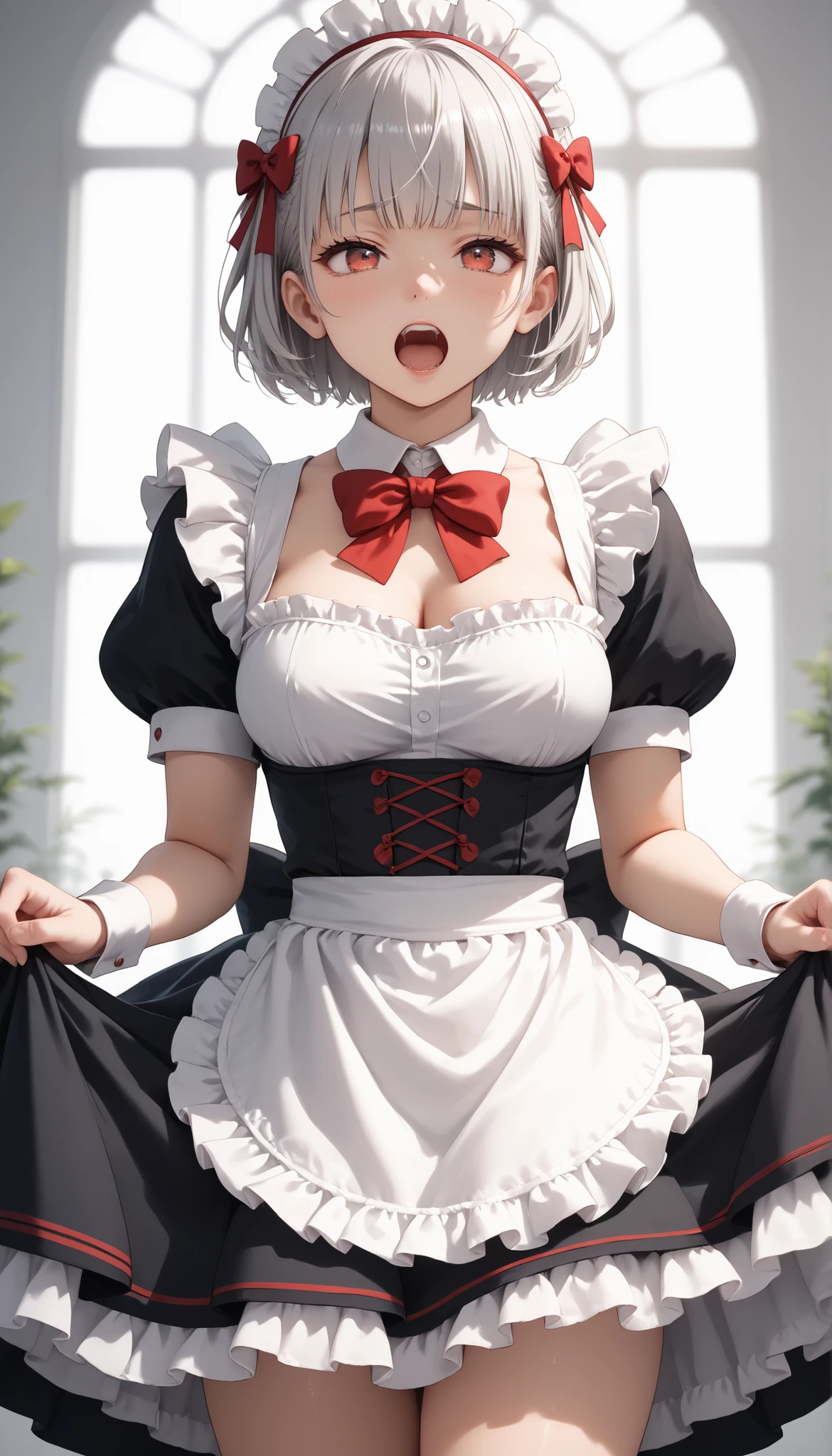 (((White background))) 1 girl, A silver-haired girl (Short hair), rathing_explicit , sexy, ,score_9, score_8_up, score_7_up, (detailed anatomical features, anime style:1.2), (best quality,4k,8k,highres,masterpiece:1.2),ultra-detailed, soft colors, glowing skin, anime, anime style, maid, red bow, red eye (maid costume), seductive ,((breasts:0.6)) , ((thin:0.2)) (muscular:0.9) ,strong (Screaming)
