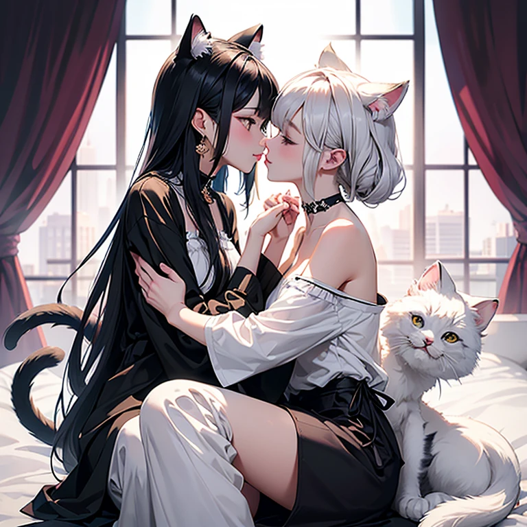 luscious lips, delicate lace cat ears, dreamy atmosphere, vintage fashion, soft lighting, melancholic vibes, retro aesthetic, cinematic feel, dramatic emotions.