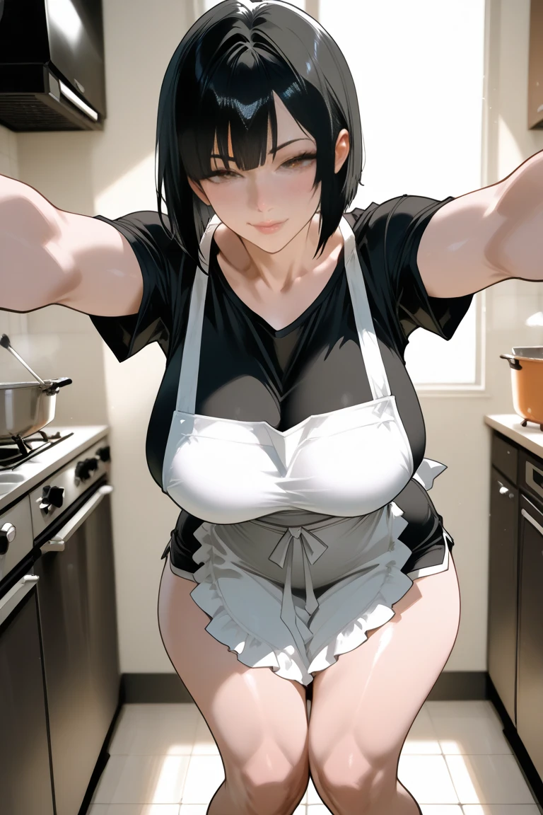 Short black hair , red detailed sparkling eyes ,
(Best quality:1.3),mini breasts, naked, apron, cleavage, (pov, close shot), standing, kitchen background, blushing:1.2.