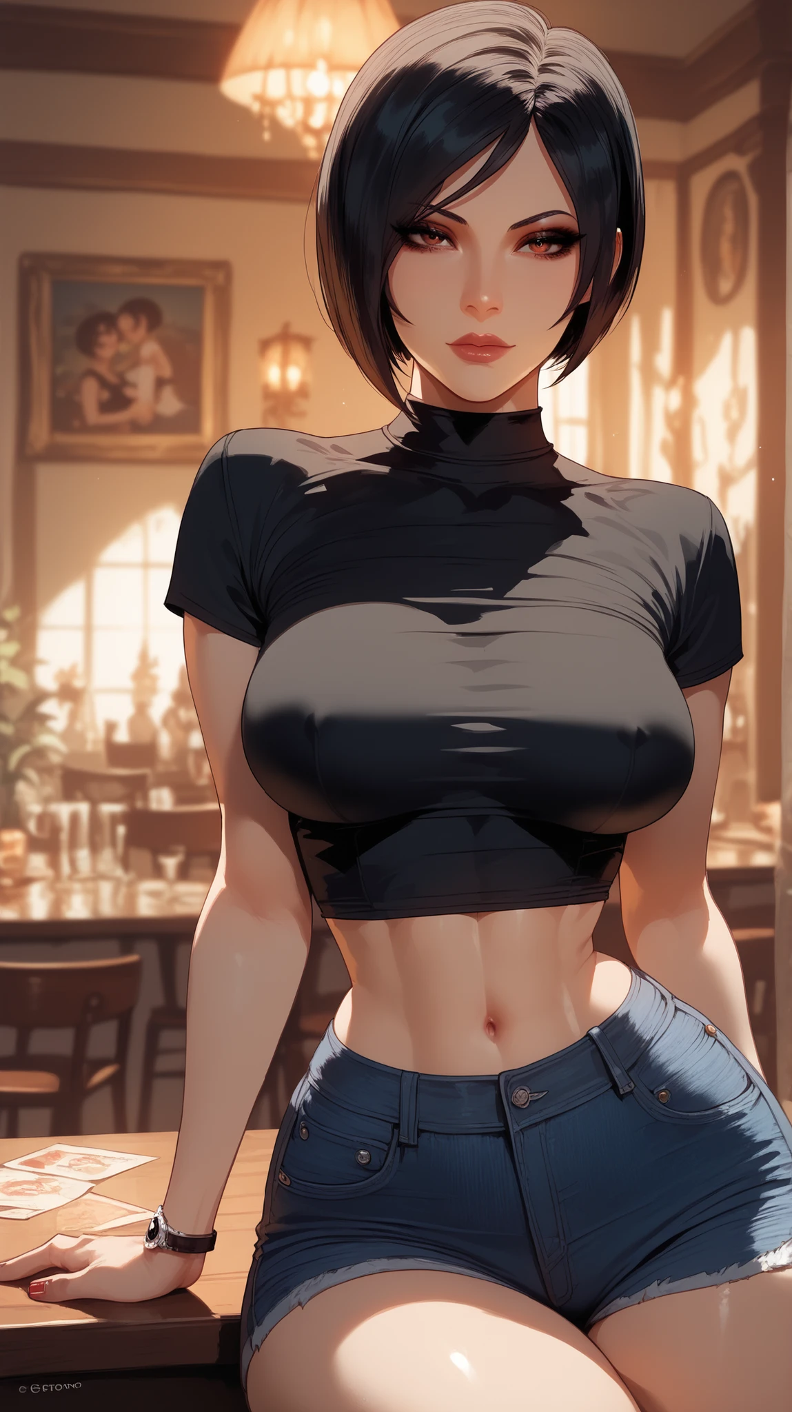 ((((masterpiece, best quality, high resolution)))), Extremely detailed 8K, Beautiful girl with slender body, (Ultra HD, Ultra-detailed, Highly detailed, Highly realistic, Ultra-realistic, photograph realistic), (1girl:1.5), (Realistic dark hair), short wavy hair, bob cut, (dynamic poses), facing at camera, light smile, (beautiful detailed face, beautiful detailed eyes), wide hips, (large breasts: 1.2), (huge breasts: 1.2), earrings, (white tank top, thin material), cleavage, dark jean shorts, glow, sweat, (sunbeam, sunlight)