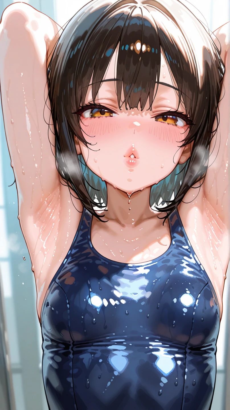 girl, Sweat, vapor, Center of chest, shy, Great hands, Looking at the audience, Cute Smile