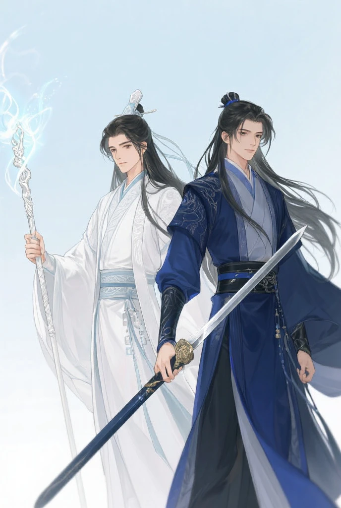Two Asian men dressed in traditional clothes come into contact with each other, xianxia fantasy, Wuxia, full-body wuxia, Cai Xukun, film promotional image, key art, xianxia hero, Xianxia, Inspired by Zhang Han, Chinese fantasy, heise jinyao, Yan, Ruan Jia and Fenghua Zhong,Clear close-up of faces,超高分辨率,Full score details,