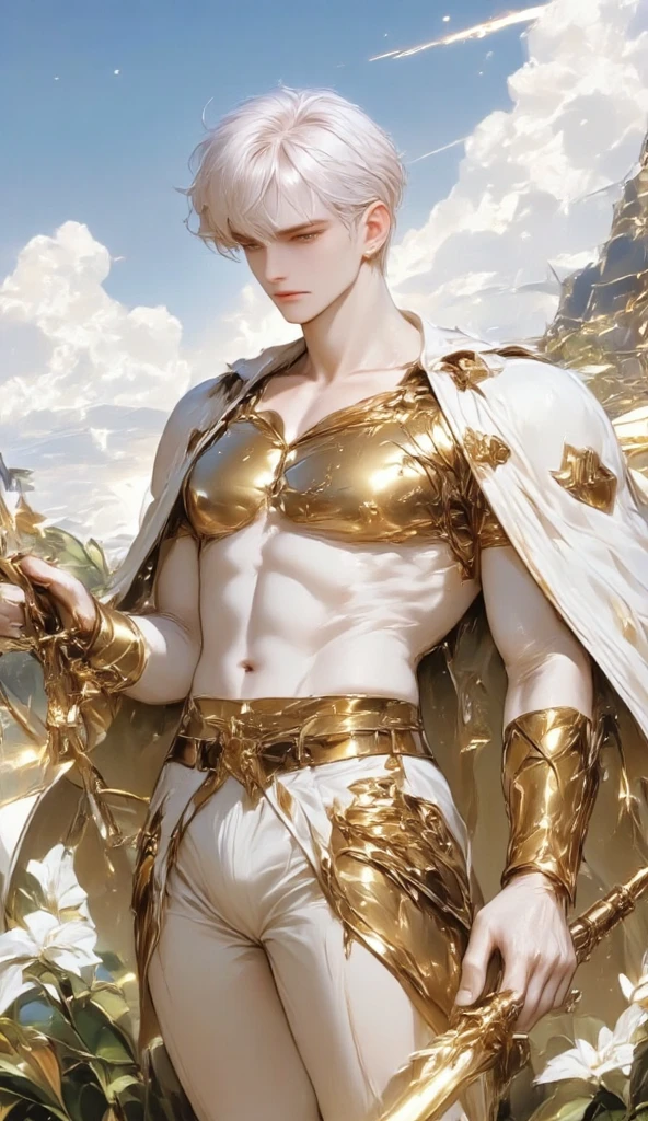 8K, Best quality at best, tmasterpiece, hyper HD, (actual: 1.4), Original, (realistic skin textures: 1.3), (filmgrain: 1.3), (Selfie angle), (1 boy), (short detailed hair), (Red hair), Beautiful Eyes and Face Details, tmasterpiece, Best quality at best, closeup cleavage, tonedbody, perfect muscles, Exposing the pectoral muscles, Main body 6 pieces, natural skin, No hairy, Bare-chested, (Standing boy), (scientific fiction, Space and time, bell, starrysky, clouds)