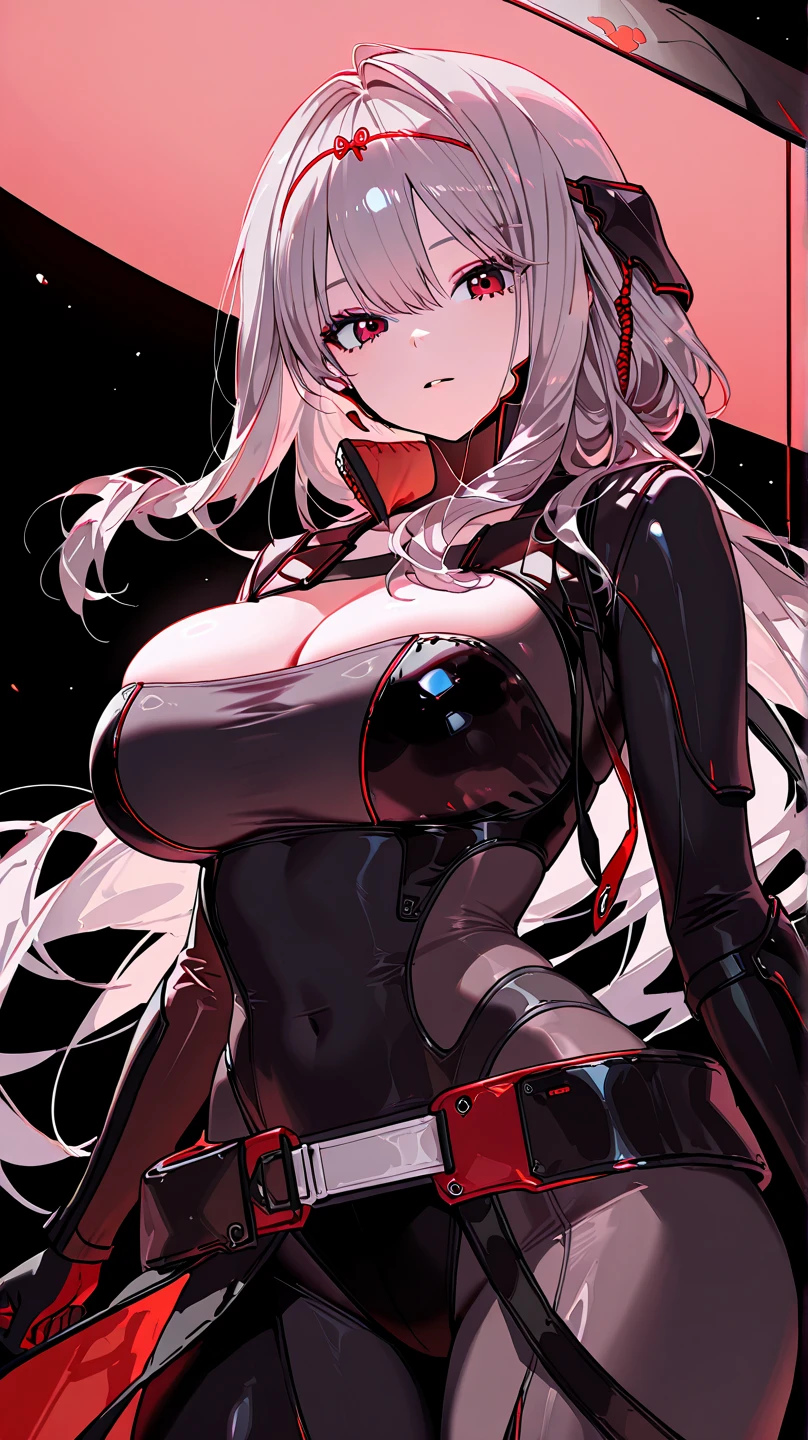 handsome older WOMAN,crimson-eyes,crimson pupils,Long white hair,Hyperresolution,accuracy,Detailed rendering,(Subtle facial image)(Image of fine hair)(topquality)(Masterpieces of masters)(High degree of completeness)(A sense of atmosphere)tmasterpiece,Super detailed and super detailed(half-body portrait), long wavy white hair, (((tHICK WAVY HAIR)))(((ANKLE LENGTH HAIR)))(((Blushing)))(((Huge breasts)))(((LARGER BREASTS))) large breasts, bigger breasts (((Bigger breasts))) (((Blushing))) (((Sakimichan))) (((white hair))) (((Latex black fight outfit))) (((Hair in ponytail))) (((fierce expression))) (((skinny))) (((Latex black fight suit)))(((Magic)))