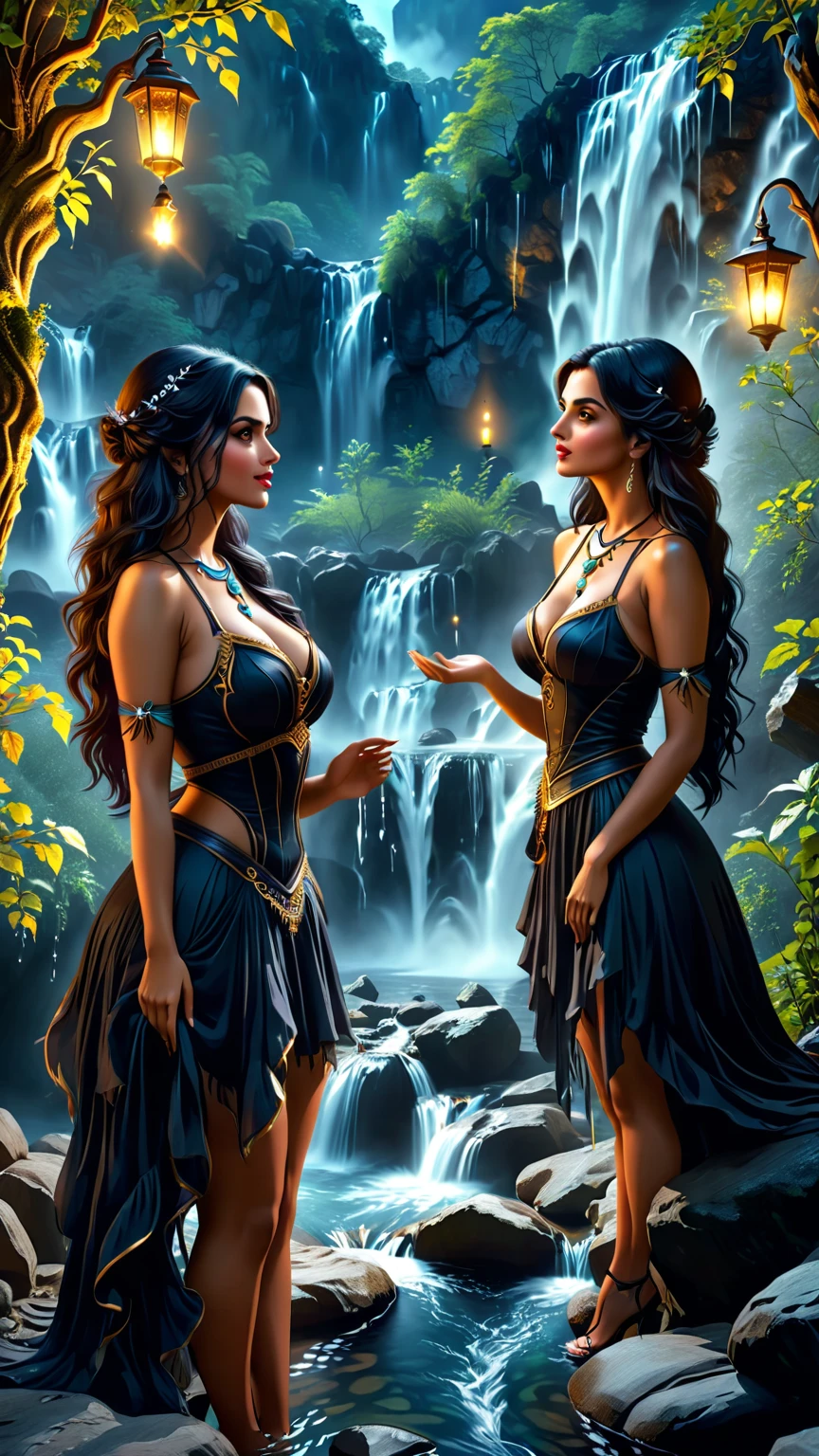 masterpiece, indian ethinic ,best quality, mature 3girls,big breasted,with young boy in age 20,digital painting, HDR, Pixar style Painting, foreshortening, extremely detailed 8K, high resolution, ultra quality, modern disney style, Anastasia, (((bathing in falls))) while sitting on rock, looking at hands, (symmetrical pretty face), (intricate, highly detailed), deep red wavy hair, (matching greyish-blue eyes), perfect symmetry, sheer dress.