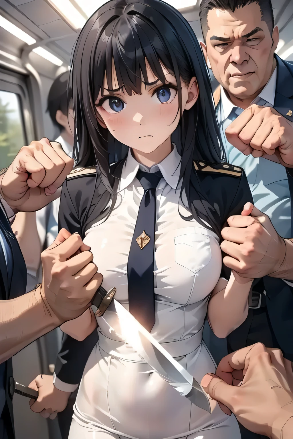 ( manga 、anime)、Woman punches a molester、Molester of an ugly man、on the train、policewoman、policewomanの帽子、Take a picture with your smartphone、punches a man in the face、(knife)、 point the knife at the woman 、 the viewer holds the knife 、 clothes can be torn、(rushpunch,
punching,
clenched hands,
too much,
multiple hands,
extra arms,
aura,
foreshortening,
incoming attack,
motion lines,
speed lines,
afterimage,
motion_blur,
energy,
glowing,
fists,)、with chest