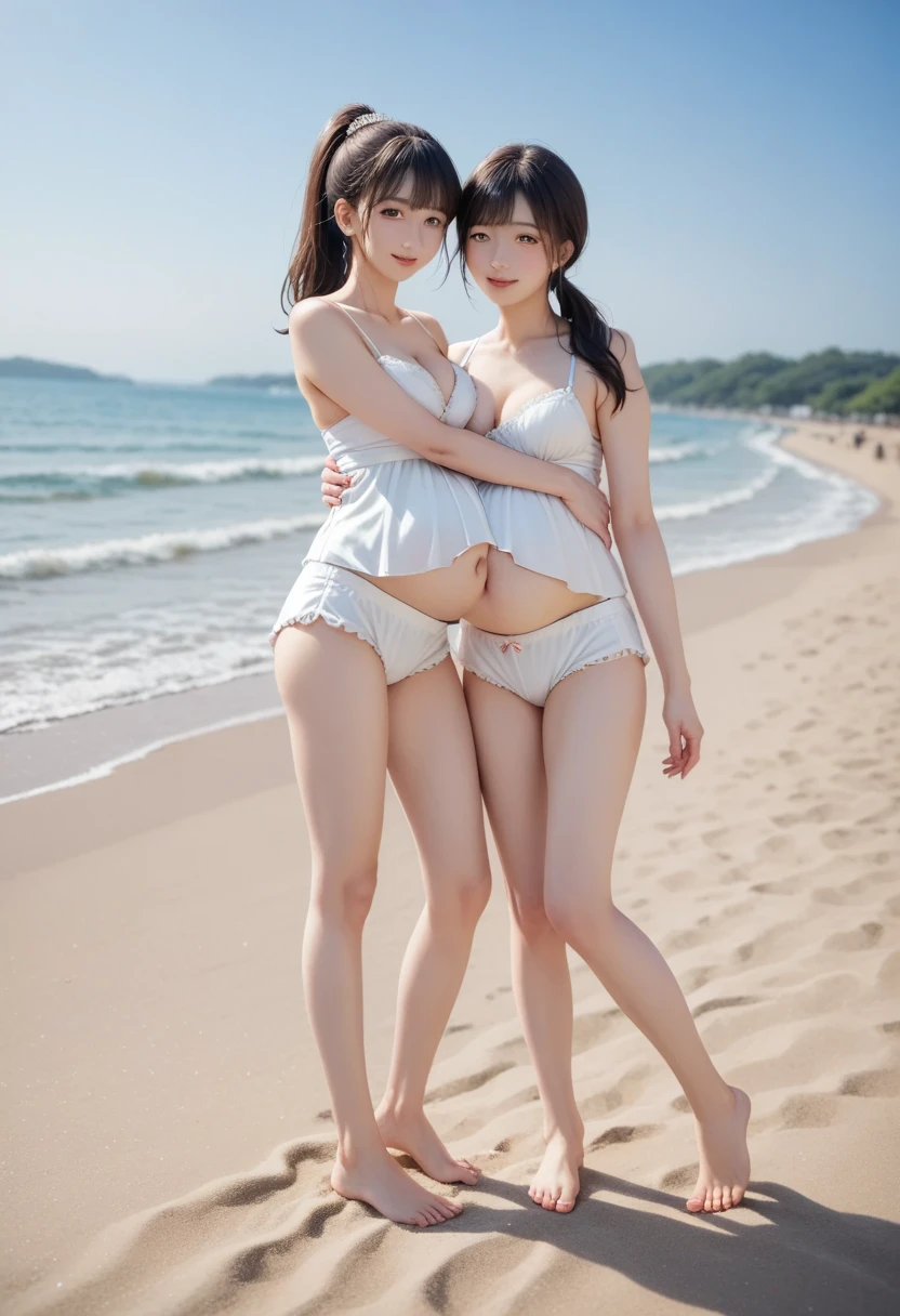 full nude。I have two Japan from 20 years ago.。Two people enjoying swimming in the sea of Okinawa。Taking a selfie in the sunny summer sea of Okinawa。full nudeにボブヘアの女の子。もう一人はfull nudeのボブヘアの女の子。Two people hugging each other with their hands on their hips。she has a very nice smile。they look at us and smile.。Looks like a lot of fun。Two are on the beach。There are many beach fans around。They both have slender bodies.。thin arms、thin waist、small ass。small breasts。sexy figure。she has a very beautiful body。Fair skin。attractive clean back。narrow。One of the two people raises one leg。Enjoy the sea of Okinawa。One person put his arm around my waist、the other one is touching her。Beautiful shaved pan、pussy、open legs,forcus chest,、Completely naked、naked ape