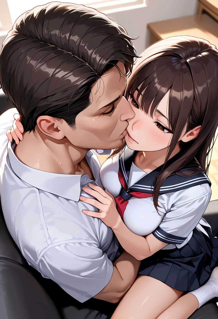 Girl squatting and sucking penis、Grabbing hair男の手、Big penis、One girl,18-year-old,Excellent anatomy, masterpiece, Highest quality,Realistic, hyperRealistic, 16k hdr,(((Deepthroat))),NSFW、T-Shirts、Shorts, Sweat、(((Grabbing hair)))、Twin tails、Blowjob、Semen、Small breasts、、In the toilet、Girl with bill、Sportback