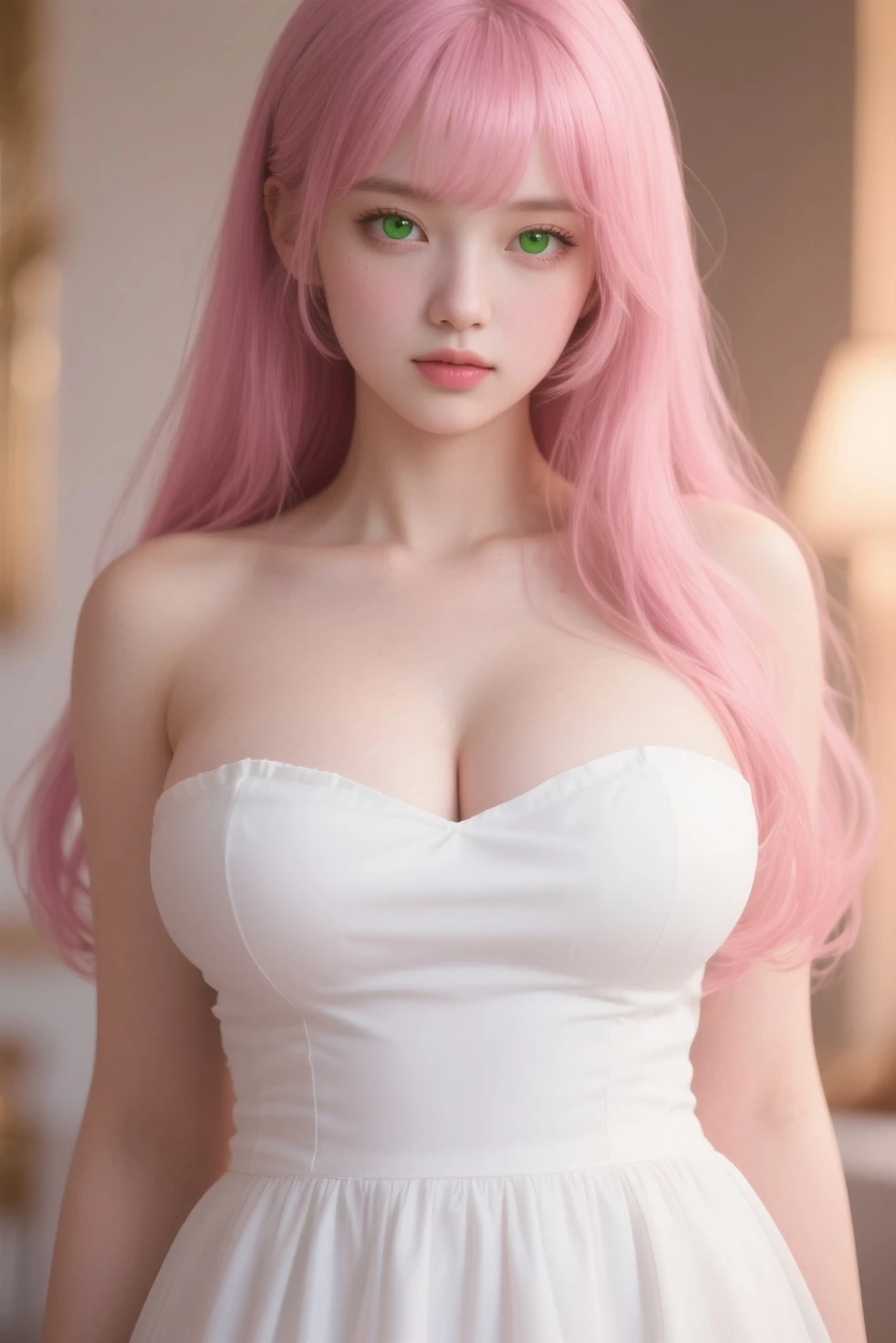 Girl with beautiful face, pink and blonde hair, olive green eyes,, long hair with bangs, beautiful faces, Eunha, Nicky nicol, Loreto Peralta,medium breasts, Low-cut white blouse, in his bed