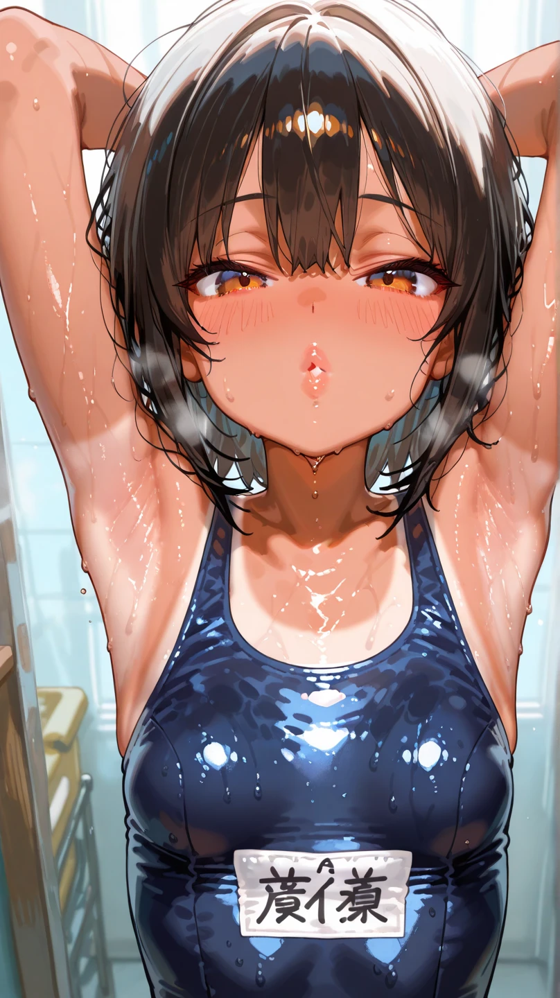 nsfw,uncensored,(super fine illustration,8K CG wallpaper,best quality,extremely detailed,ultra high res anime),1girl, solo,idolmaster, ((riina tada)), (16yo, beautiful girl), (beautiful dark blue eyes),((((beautiful light brown hair)))), ((extra short hair)),(wet hair), (shiny hair),(wet skin), (pale orange skin),(shiny skin),((blue and orange floral bikini:1.5)),((see-through)),(flat chests,small breasts), ((pubic light brown hair:1.5))), (((clothes lift))),((steam)),(scatter sweat),(one eye closed), ((out tongue)),(Kamimei),(feel good),(ecstacy Face),(summer beach house,sunset),(one eye closed),((Cum on body:1.9)),((Cum on face:1.9)),((cum on hair:1.9)),((Cum in mouth:1.1)),(Petite),(happy:1.5),