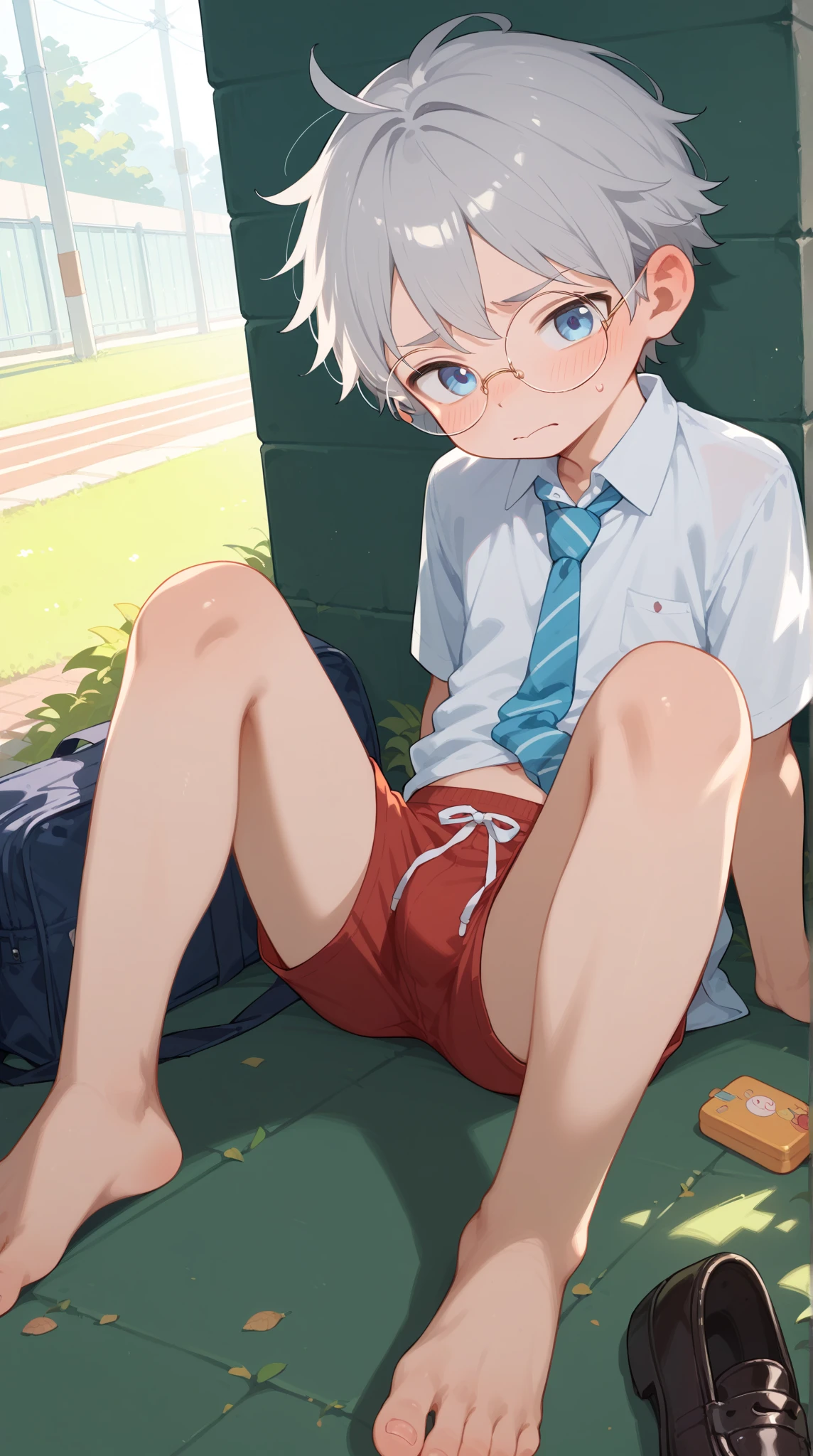 Trunks kid, training, sweat, wearing no shirt, no pants, no clothing, naked, sculpted chest, sample body, jaded, presumptuous, muscles, penis focus, balls