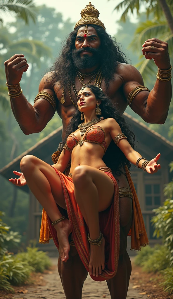 In cinematic 3d cartoon style “ * Ravan, with ten heads and twenty arms and  a big Lund, forcibly Fucking Nude Sita in his chariot. The scene is dramatic, with Sita’s distress and Ravan's menacing presence emphasized. The background shows a lush forest with a sense of sudden chaos.” Sitas Pussy getting strached as she holds onto her ample boobs while ravan keeps fucking her from behind , 
