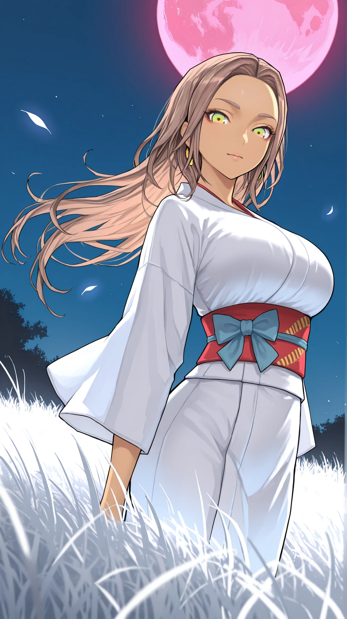 masterpiece, best quality, newest,mirka, 1girl, large breasts, multicolored eyes, green eyes, yellow eyes, brown hair, long hair, white kimono,red obi,blue sash, white grass, blue sky, night, pink moon,looking at viewer, bow head, floating leaves,volumetric lighting , vibrant colors , surreal atmosphere , detailed scenery 