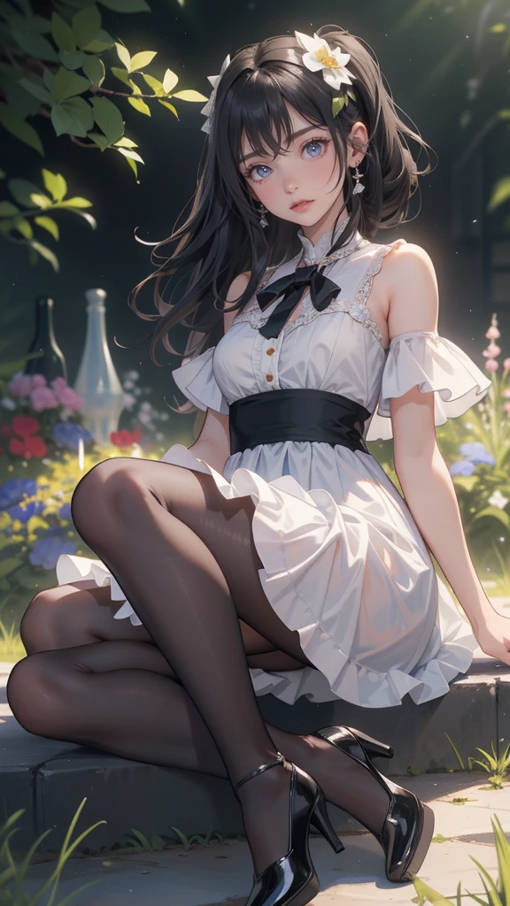 A beautiful girl in a black dress sitting on a wooden platform, anime girl, rose garden, beautiful and sunny day, black ta dress with lots of ruffles, floral print dress, short sleeve, lolihoker, low-cut chest, big round breasts, white lace thigh-high stockings, black lolita s, dark brown hair, gradient bangs, french braid, long hair, ponytail, wavy hair, swept bangs, shiny hair, hairclip, hair ribbon, hair flower, jewelry, lolita hairb aqua eyes, glowing eyes, pupils sparkling, earrings, light smile, blush, happy, red lips, slim waist, shapely legs, beautiful thighs, princess dress, short skirt, high detail, anime, dithering, image fill, perspective, Wide-Angle, f/1.8, 85mm, Sony FE GM, 8k, 8k wallpaper, super detail, highly detailed CG, UHD, retina, masterpiece, accurate, anatomically correct, textured skin, highres, best quality:1.3, 16k
