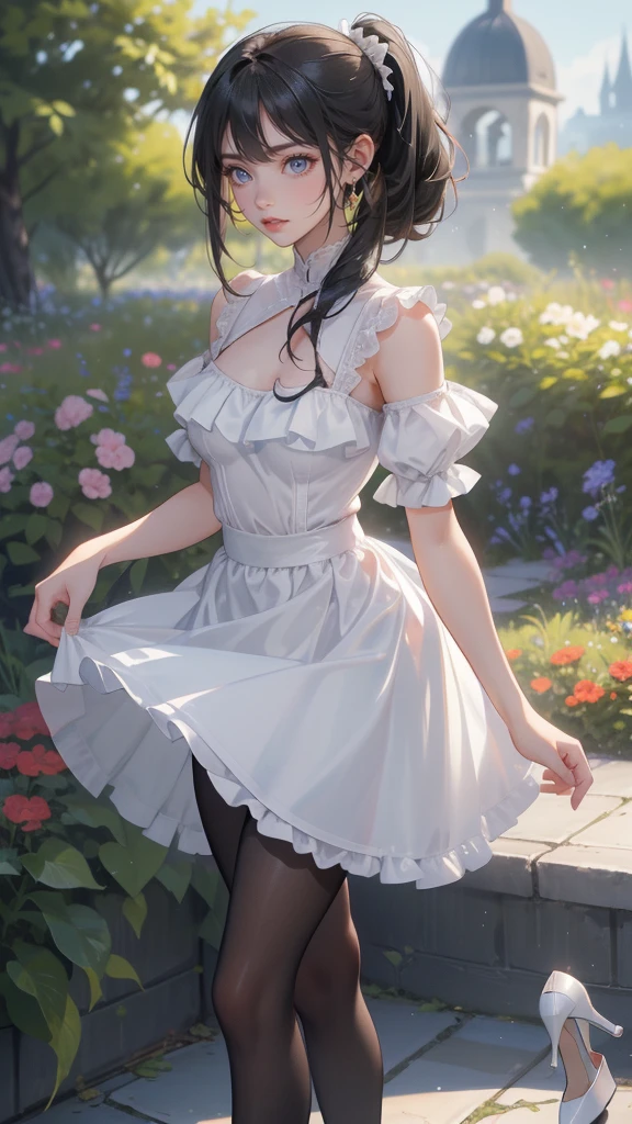 tmasterpiece, Best quality at best, 1girll, Off-the-shoulder attire,cleavage,Raised sexy,(White color hair),short detailed hair, standing on your feet, flower field, Behind the arm, natta, starrysky, closing her eyes, A faint smile,Bust photo,high definition detail,4k