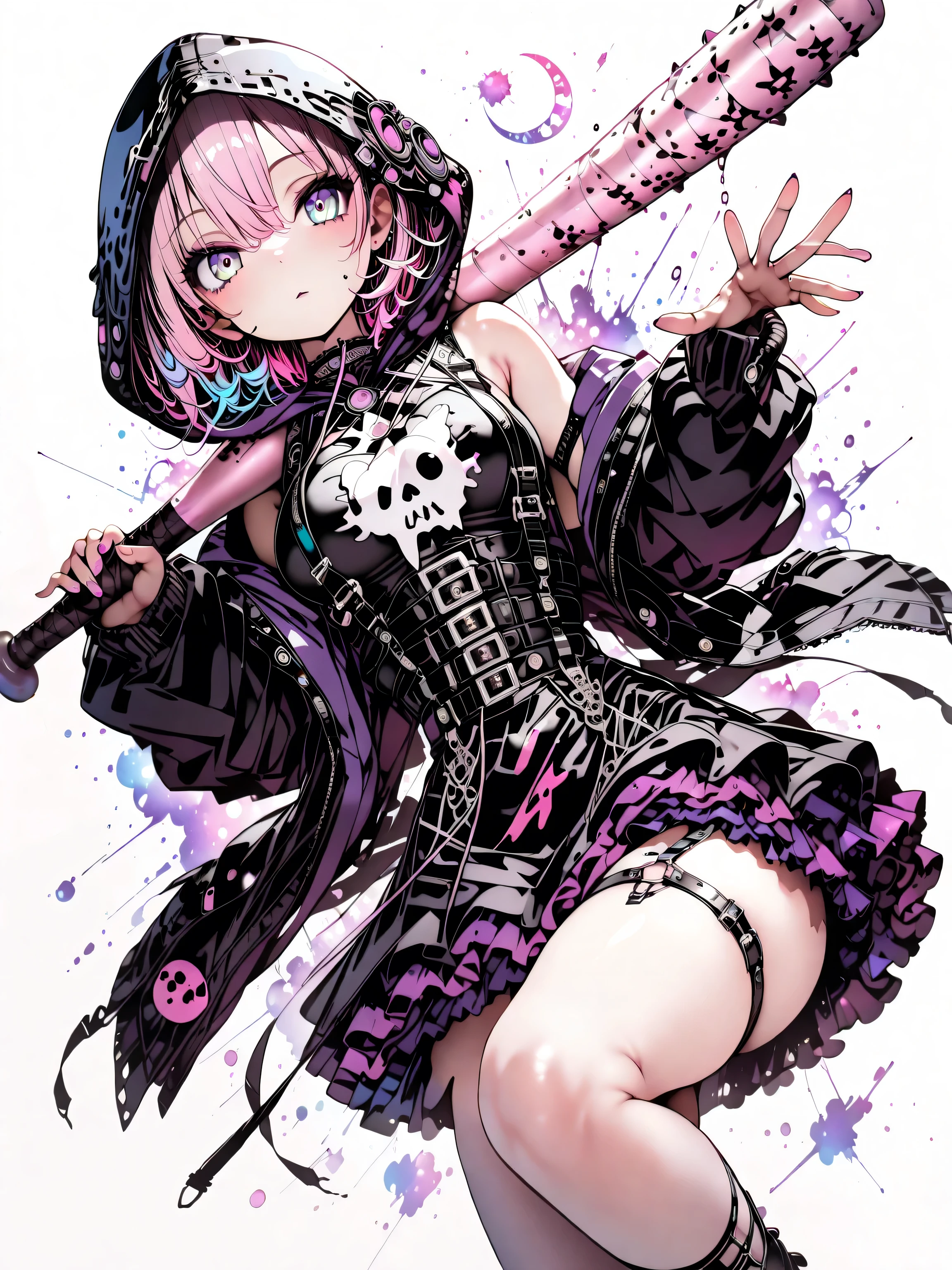 1 girl, violet eyes, light pink hair, short hair, cool, beautiful, medium breast, very cute, lovely, kawaii, black and violet mini dress, black and violet mini dress with frills, emotionless facial expression, black oversize gothic jacket with hood, hood over the head, net suspenders with suspender straps, holding a black baseball bat in her hand,  (masterpiece , best quality) , amazing quality , very aesthetic , absurdres , highres , newest , HDR , 8K , cinematic ,  dynamic angle , off shoulders, simple white background with multicolored purple and blue stars and crescent moon, multiple stars in the background, pastel color, epic pose, dynamic pose, action pose, takes a swing with the baseball bat,
