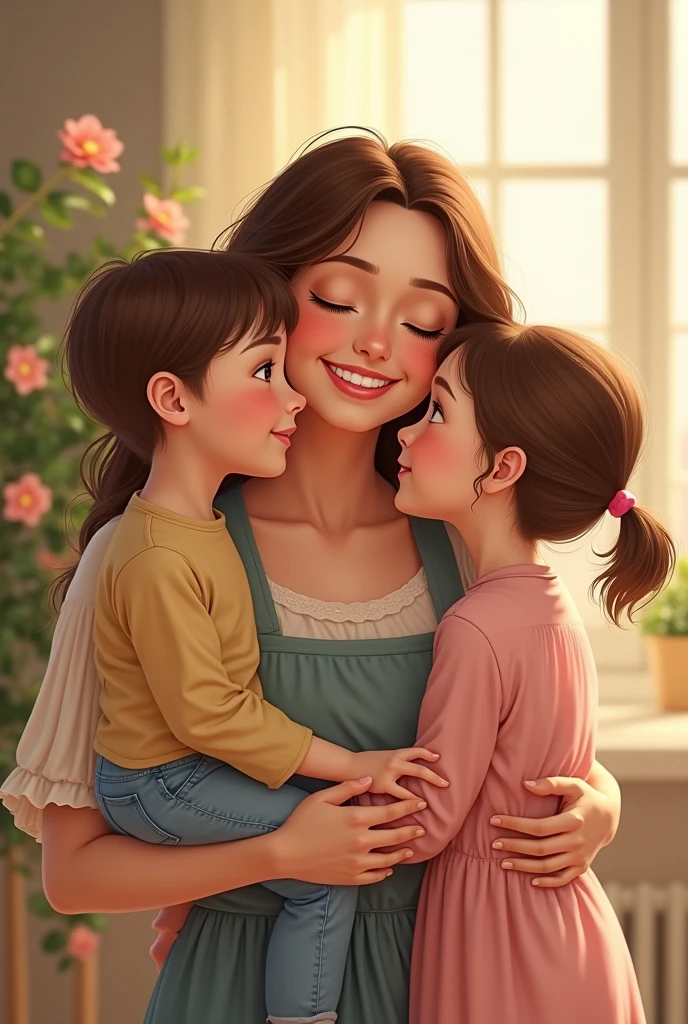 A mother is hugging her son and daughter in an embrace.