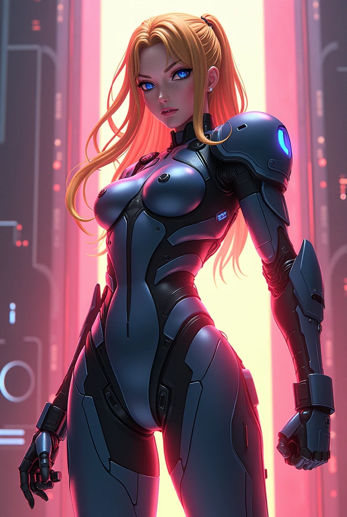 (corpo inteiro), soio, Ultra alta qualidade, maximum definition, 8k, Arcee (Transformadores: War for Cybertron), (identical to the series), totalmente humanizado, human skin, Rosto detalhado, Olhos detalhados, robotic body, Human-robot transition