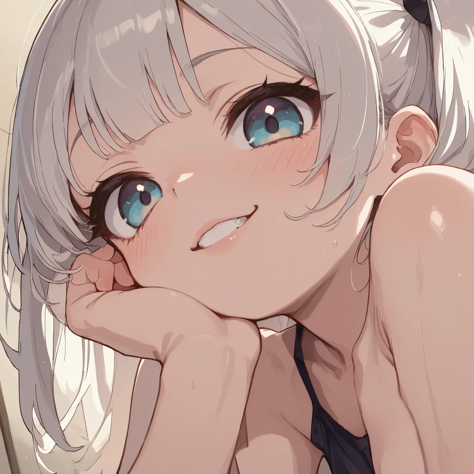 1girl,pale hair,Crevice,Cleavage,sideboob,pallid,pale colors,pale eyes,masterpiece,best quality,very aesthetic,absurdres,blue eyes,nightgown,apart,(Navy blue panties),(lift),(knees up),Black pupil,shiny hair,shiny skin,