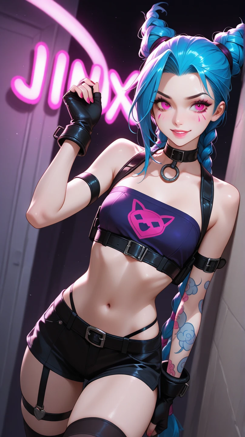 kpop girl with rizz smile face, bad ass, black gloves,neon cyan pink hair, tattoos on hands and neck, piercing, black mixed green striped sweater, cool badass pose, smoke background, colorful smoke background