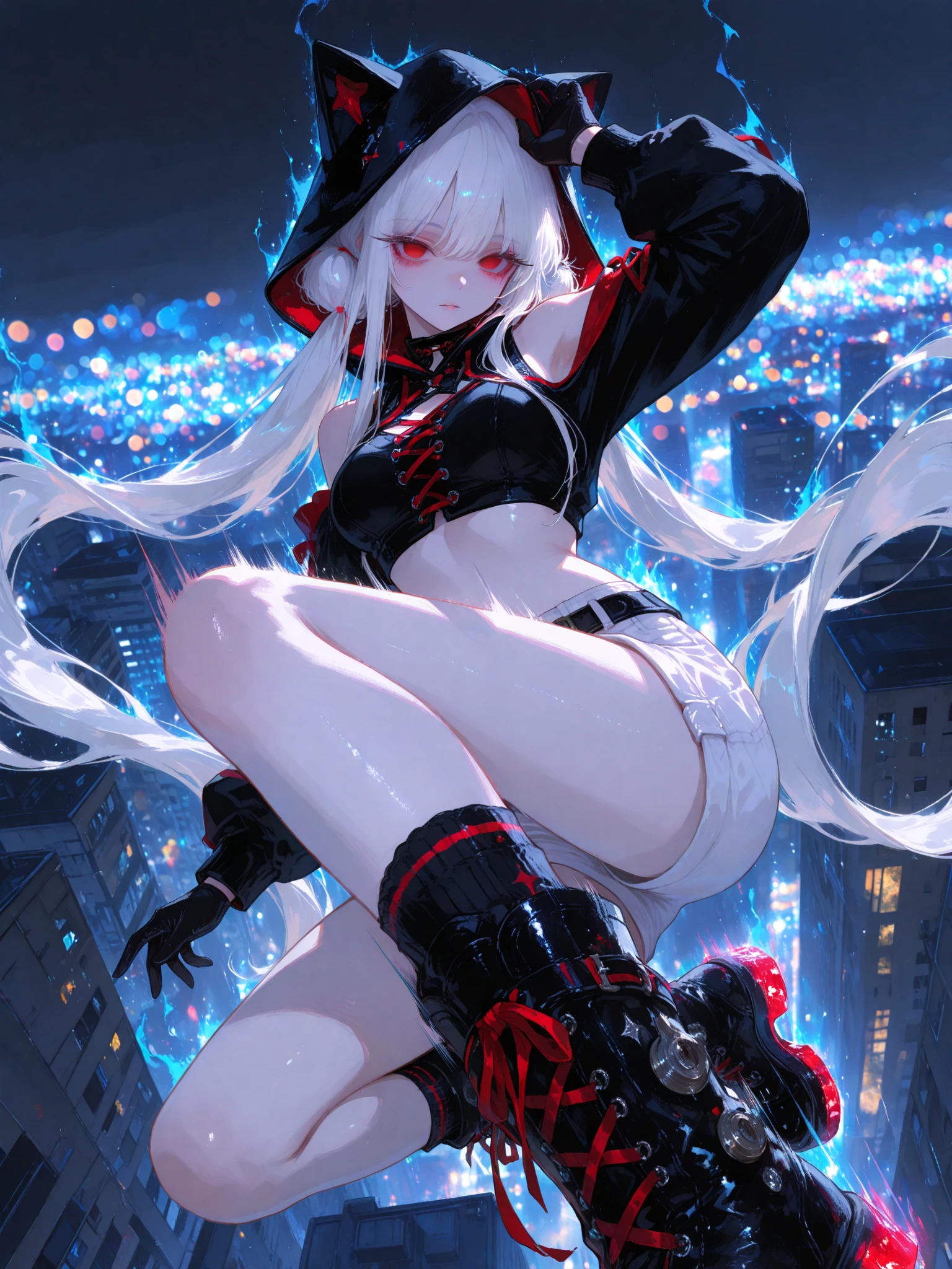 heavy rain,Gorgeous high heels,Under water,grabbing the breasts,Official fine art,tmasterpiece,Sharp focus,Nice high ponytail hairstyle,Delicate and beautiful eyes and face,realisticlying,ultra - detailed,a beauty girl,blue-sky,Glowing white particles,(side-lighting:1.2),scenecy,Long straight hair, sexy facial expression, buliding, (Cityscape:1.7), Dynamic hair, , Long black socks, paleskin, hair adornments, epic landscapes,Masterpiece, Best quality,Bare shoulders, white thighhighs, Hair ribbon, Large breasts,