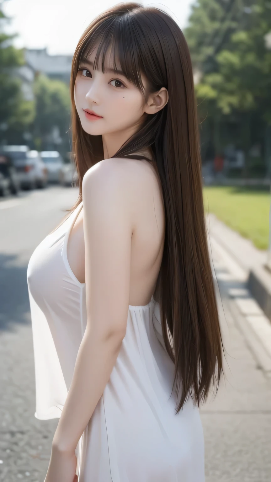Sexy Big 、Sexy cute looks and cute 15 year old beautiful girl, beautiful and sexy face、A strong wind blows my hair in front of my face、With straight blonde hair、beautiful, Cute and sexy eyes hidden behind long bangs、Gal-style coordination