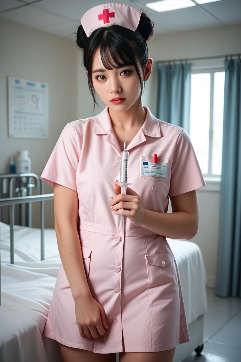 （8K、Raw photography、highest quality、masterpiece：1.2),(black haired、very short hair:1.8),(twin tails:1.5)、show viewer,Looking at the front,erotic,白いskin,(nurse uniform:1.8)、(no background)、(Clothing that emphasizes the shape of your chest、publish one&#39;skin:1.4)、(big breasts :1.4)、slim body shape、ultra high resolution,beautiful,beautiful fece,(alone、no background:1.9),whole bodyボディー,japanese woman,（Photoreal：1.37）、photon mapping,reality、(Baby-faced and cute: 1.5)、(cute smile: 1.7)、(With a round face: 1.7)、radio city、Physically based rendering、depth of field rally background、photograph, (I can see your knees、very short skirt、I can see white panties、close up of thighs:1.8),whole body、super fine