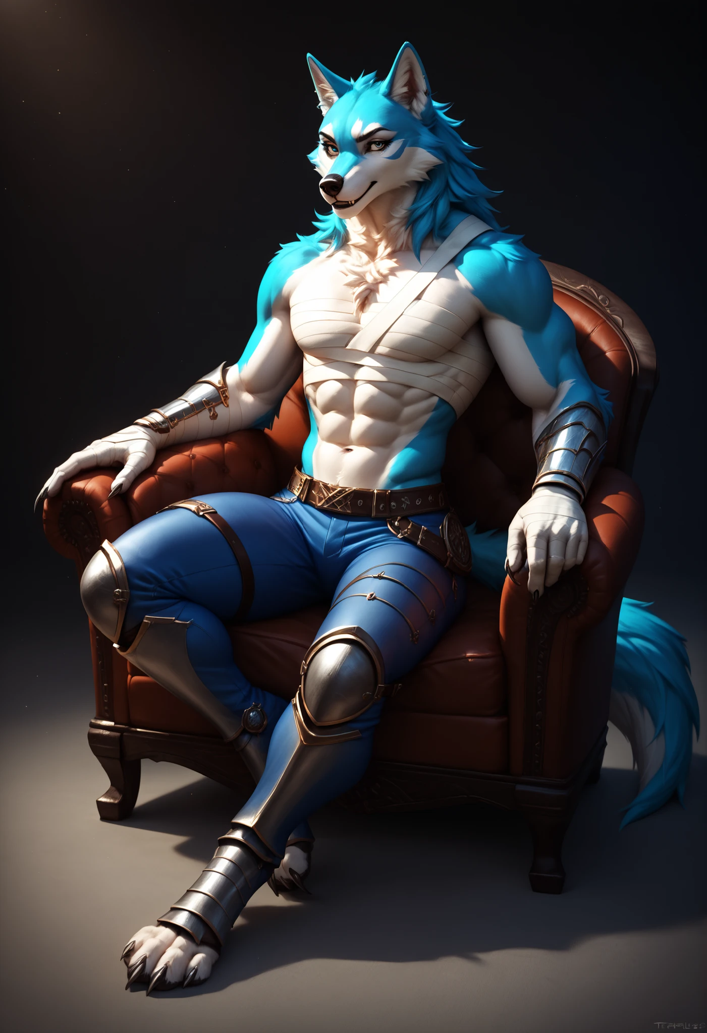 male, weregarurumon, sitting in an couch with crossed legs, nude, grin, arrogant personality, smug,