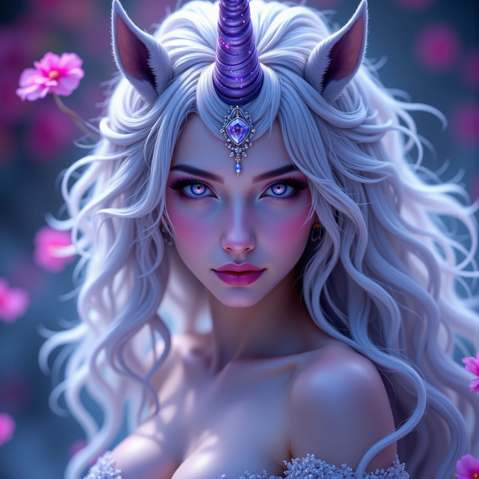 {-erro_de_anatomia:1.0} There is a black unicorn girl, blond mane and long mane, black unicorn, unicorn, unicorn horns, A unicorn, celestia, Nine stories, black unicorn, soft dreamy, cinematic light《fangs》Unicorn in, mythological creatures, a mythical creature, Pokémon illustration, unicorns, a glaceon princess, white dress, opal eyes. Auroracore, ghostly iridescent, image good for rendering, sitting on the water. unicorn girl, full body, holding a crystal unicorn,
