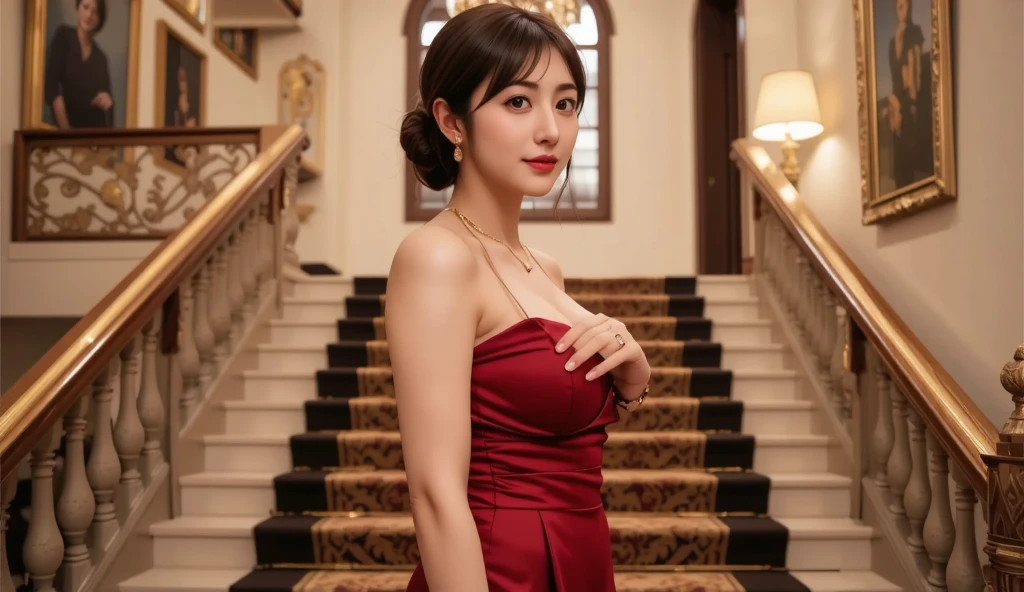 masutepiece, Best Quality, hight resolution, 1girl in,
(Japanese beautiful girl:1.2),
Professional Lighting, Physically-based rendering, Very cute,
messy long hair,
wavy bob,
over shoulder,
swept bangs,
big eyes, black eyes,
extremely detailed eyes and face,
(eyes with beautiful details:1.2),
mature, 45 years old, ssmile, Tight red dress, Dress cut from chest to abdomen,
Strapless, tight dresses, Tight-fitting dresses, Golden Chain,
sexy dress, Sensual dresses, Ultra mini skirt, I can see panties, Expose panties,
(large full breasts:1.3),(constricted hips:1.3),(Protruding chest:1.2), (Exposing breasts:1.2), cleavage of the breast,
perfect body, beautiful body line, sexual excitement, Sexual expression,
Detailed depiction of the dress,
Palaces in Vienna, Habsburgs, Decorated interior, Marble wall, Marble floor,
captured with a high-resolution lens like Nikon AF-S NIKKOR 85mm f/1.8G, hyper realistic, 8K,
Sitting on a golden chair in the Great Hall, is looking at the camera, cowboy shot, kne, front view