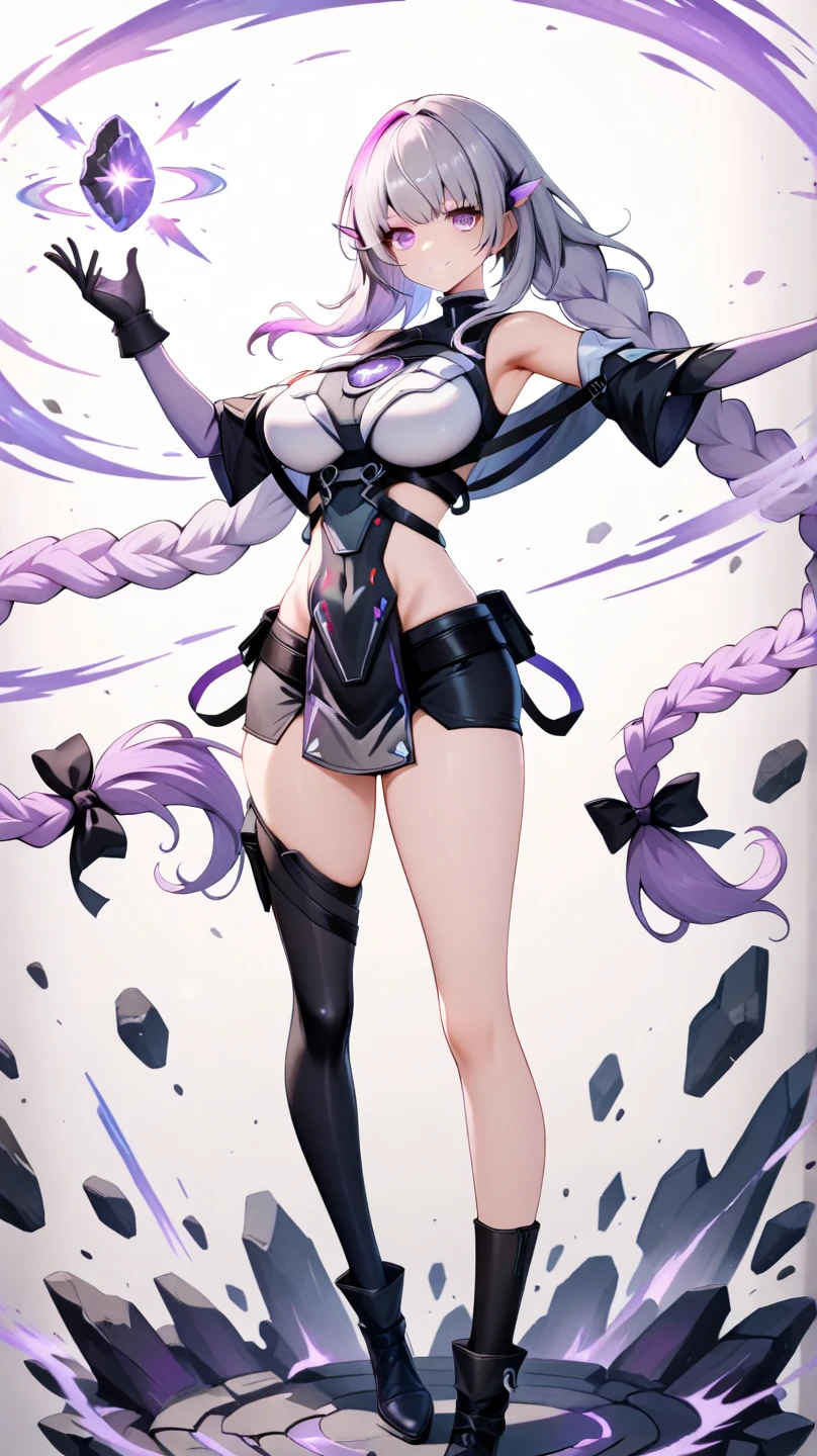 score_9, score_8_up, score_7_up, score_6_up, uncensored, quinella, absurdly long hair, purple eyes, long hair, parted bangs, purple hair, very long hair, hair ornament, BREAK  (detailed eyes:1.5), (perfect hands, perfect anatomy), Anime Style, Manga Style, Hand drawn, cinematic, Sharp focus, humorous illustration, big depth of field, Masterpiece, concept art, trending on artstation, Vivid colors, Simplified style, trending on ArtStation, trending on CGSociety, Intricate, Vibrant colors, Soft Shading, Simplistic Features, Sharp Angles, Playful, excessive sweating, sweating profusely, sweating drop BREAK, 1girl, tifalockhartcosplay, tifa lockhart \(cosplay\), suspender skirt, suspenders, navel, midriff, white tank top, cleavage, elbow pads, crop top, tank top, shorts, short shorts, collarbone, gloves, elbow gloves, full body, weapon, standing, jewelry, large breasts, high heels, toes, looking at viewer, field, rock, aura, magic, electricity, 