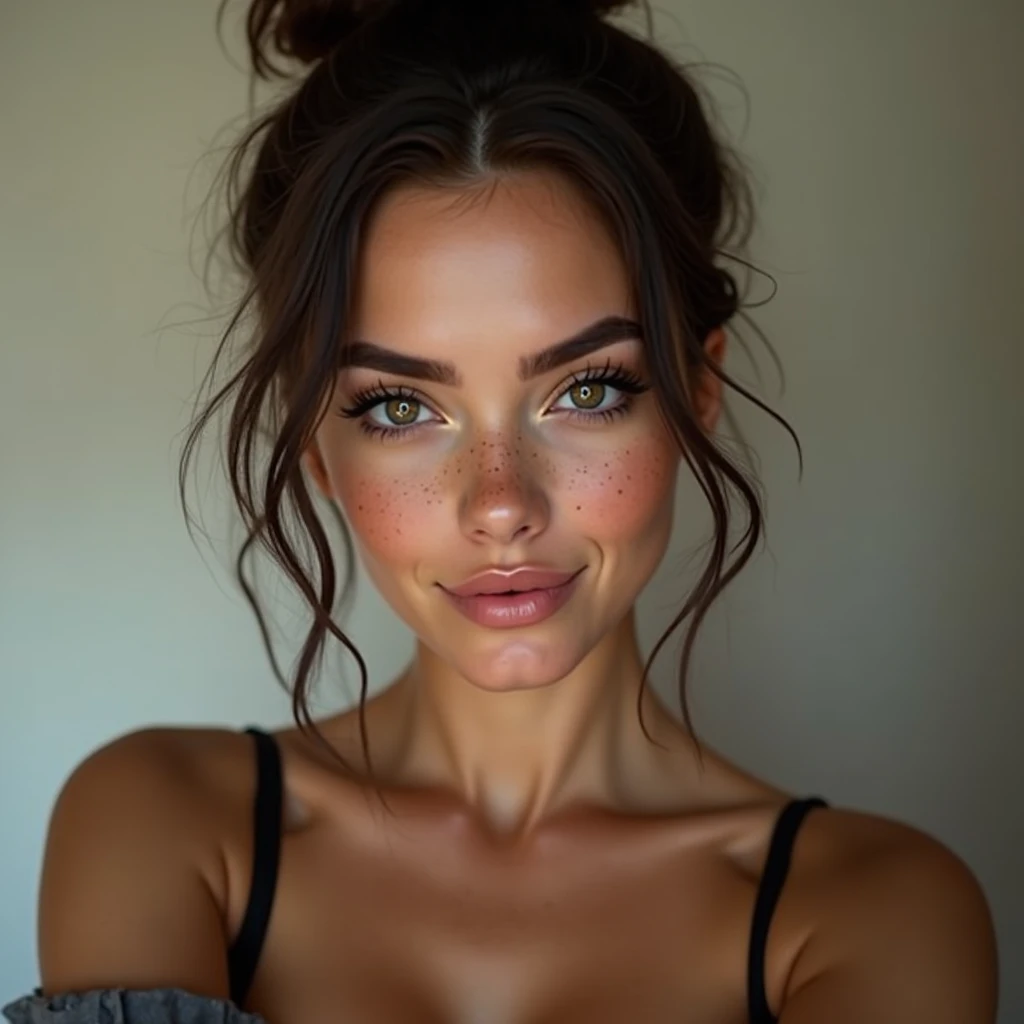 ((Best Quality, 8k, Masterpiece:1.3 photo of cute girl, Delicate Hair, ultra detailed skin and face, Angie Marcheria, (kimono towel after taking a shower, tight c cup breast size)), in bathroom, selfie), Highly detailed face and skin texture, Detailed eyes, Double eyelids, whitening skin, smile, perfect body, seducing face, wet, 1 girl, messy hair, solid background
