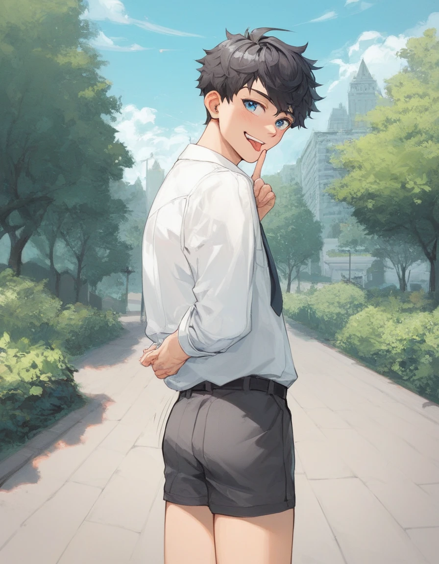 a boy, alone, school boy, general, , hand behind back, motion lines, mischievous face,  smile, blue eyes, black short hair, school boy, eyelid pulling, finger to eye, tongue, , looking back, white short-sleeved formal shirt, school tie, dark gray school short shorts, nice , outdoors, park, sandbox, masterpiece, high resolution, absurd, very aesthetic, newest, wide awake, best quality, good quality