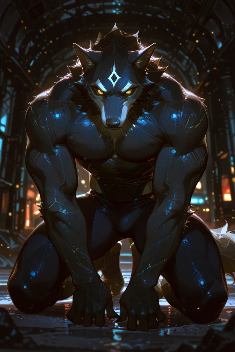 wolf, man, ((black skin, extremely detailed body, detailed paws, serious expression, 4k, 8k, ultra-detailed)) (perfect anatomy), detailed hands, ((heterochromia, blue right eye, red left eye, extremely detailed eyes)), ((chest tattoo, red tattoo, waning moon tattoo)), full body vision, cinematic lighting, professional lighting, centered, looking at camera, 8k, 3d shader, maximum focus, depth of field,  perfect lighting, light particles, (best quality), sharp focus, light particles, standing, black shorts, standing, detailed legs, detailed paws,