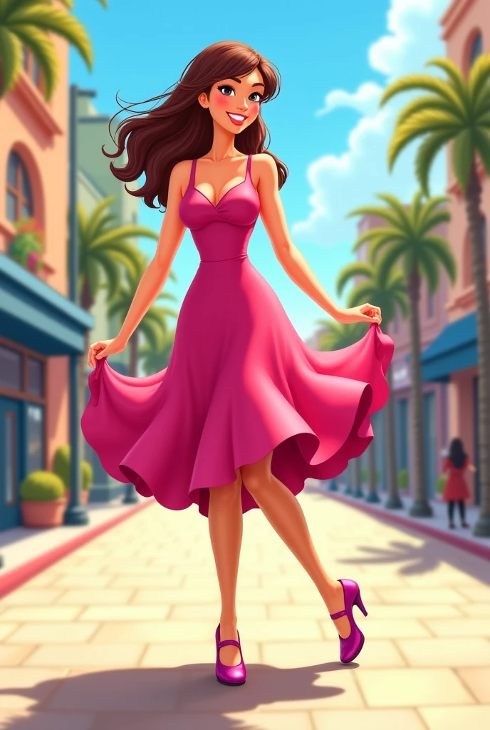 A 3d cartoon image of a A beautiful woman with light brown skin wears a dark pink dress that falls to just below her knees and features a flattering V-neckline. Her straight, dark black hair is sleek and falls smoothly around her shoulders. She completes her cute looks with black heels, adding a touch of sophistication.
