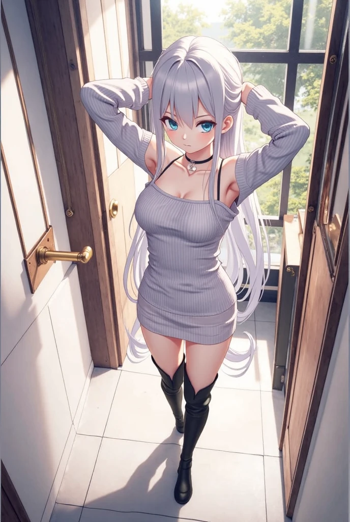 (solo), 1 skinny girl standing, swaying back, BREAK, show off large breasts, bursting breasts, (show off cleavage), very short torso, (skinny too narrow waist), (very skinny legs), stretch legs, BREAK, (short dirndl), (frilled too short skirt), (show off thigh gap), stiletto heels, BREAK, nose blush, orgasm, (nsfw:0.3), covered erectile nipples, (heavy breathing)