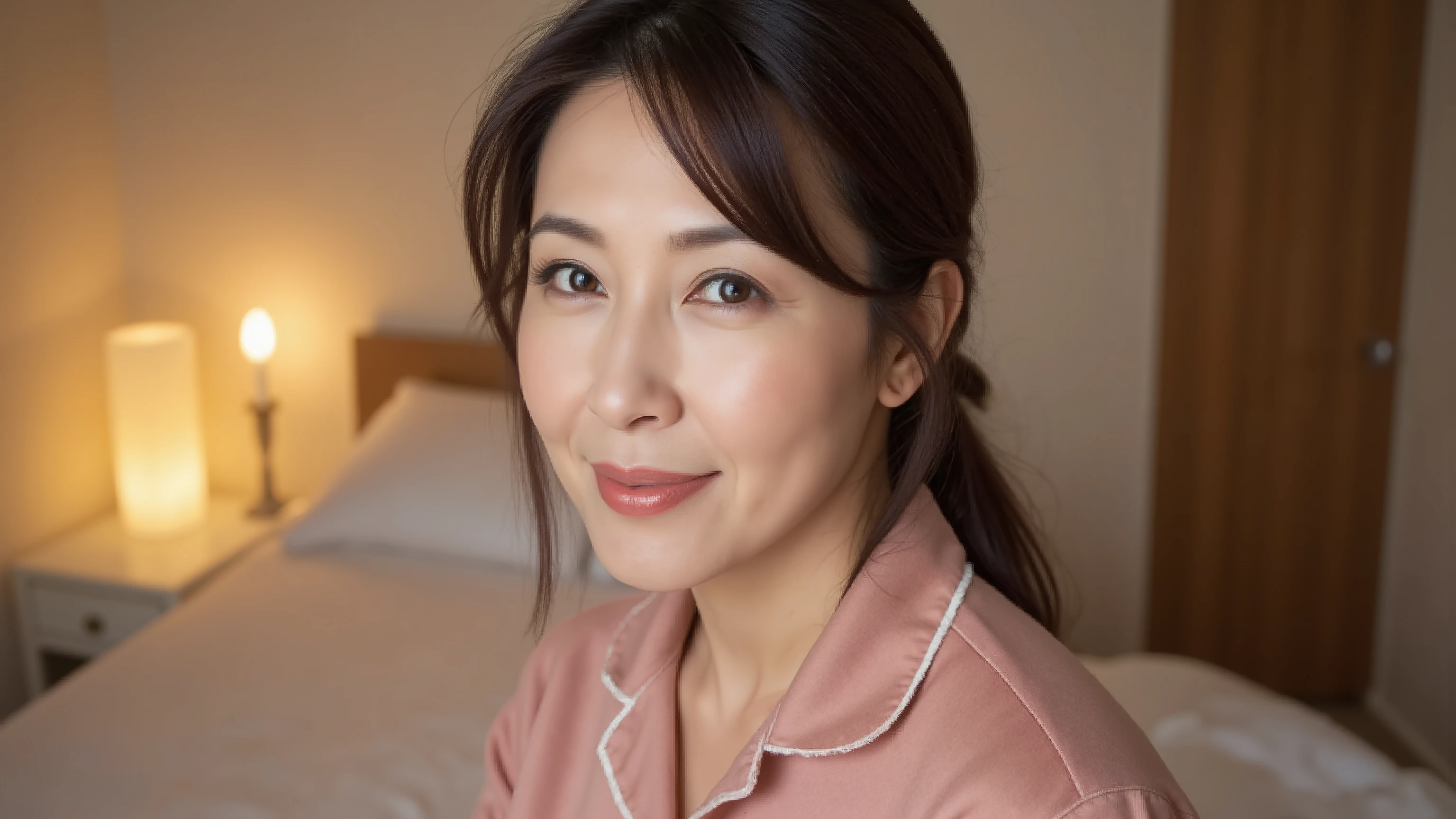 A 50-year-old middle-aged woman、In a softly lit room、in pajamas。in the bedroom with a relaxed atmosphere、the bedside lamp is warmly lit in the background、depicts a “sense of security and inclusiveness” as an emotion、the focus is on a woman's eyes。