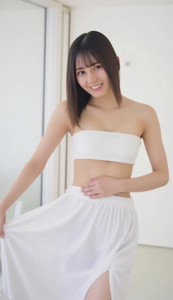 (nsfw:1.5),product quality, 1 girl per 1 photo, face close up shot, front view, a Japanese young pretty girl, wet long bob hair, with a big smile in a shower room, wearing a sleeveless long length shiny satin white chemise with laces, a wet body, hyper cute face, glossy lips, double eyelids for both eyes, natural makeup, shiny smooth light brown hair of long bob hair, asymmetrical bangs, tanned skin, central image, ultra resolution, high detail, detailed hairstyle, detailed face, cinematic lighting, octane rendering, hyper realistic, perfect limbs, perfect anatomy